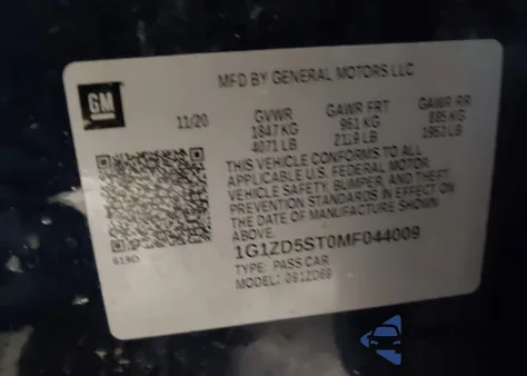 2021 Chevrolet Malibu Fwd Lt z USA, uszkodzony, nr VIN 1G1ZD5ST0MF044009